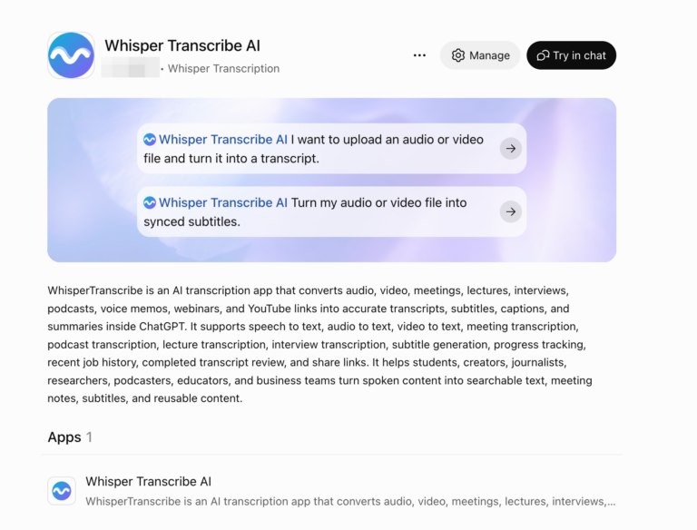 Whisper Transcribe AI plugin listing in ChatGPT, with transcript and subtitle starting prompts