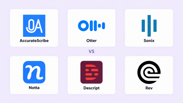 Equal-sized logo cards for AccurateScribe, Otter, Sonix, Notta, Descript and Rev, with one central VS.